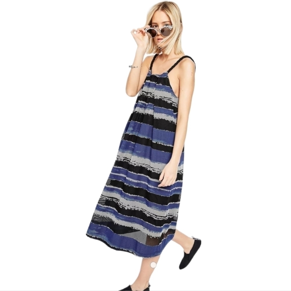 Asos Blue Striped Sleeveless Midi Length Dress Size 8
